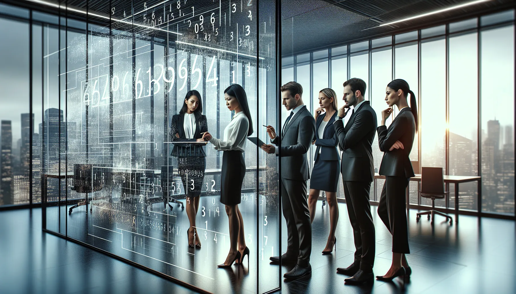 diverse team analyzing digital numerical patterns in an office.