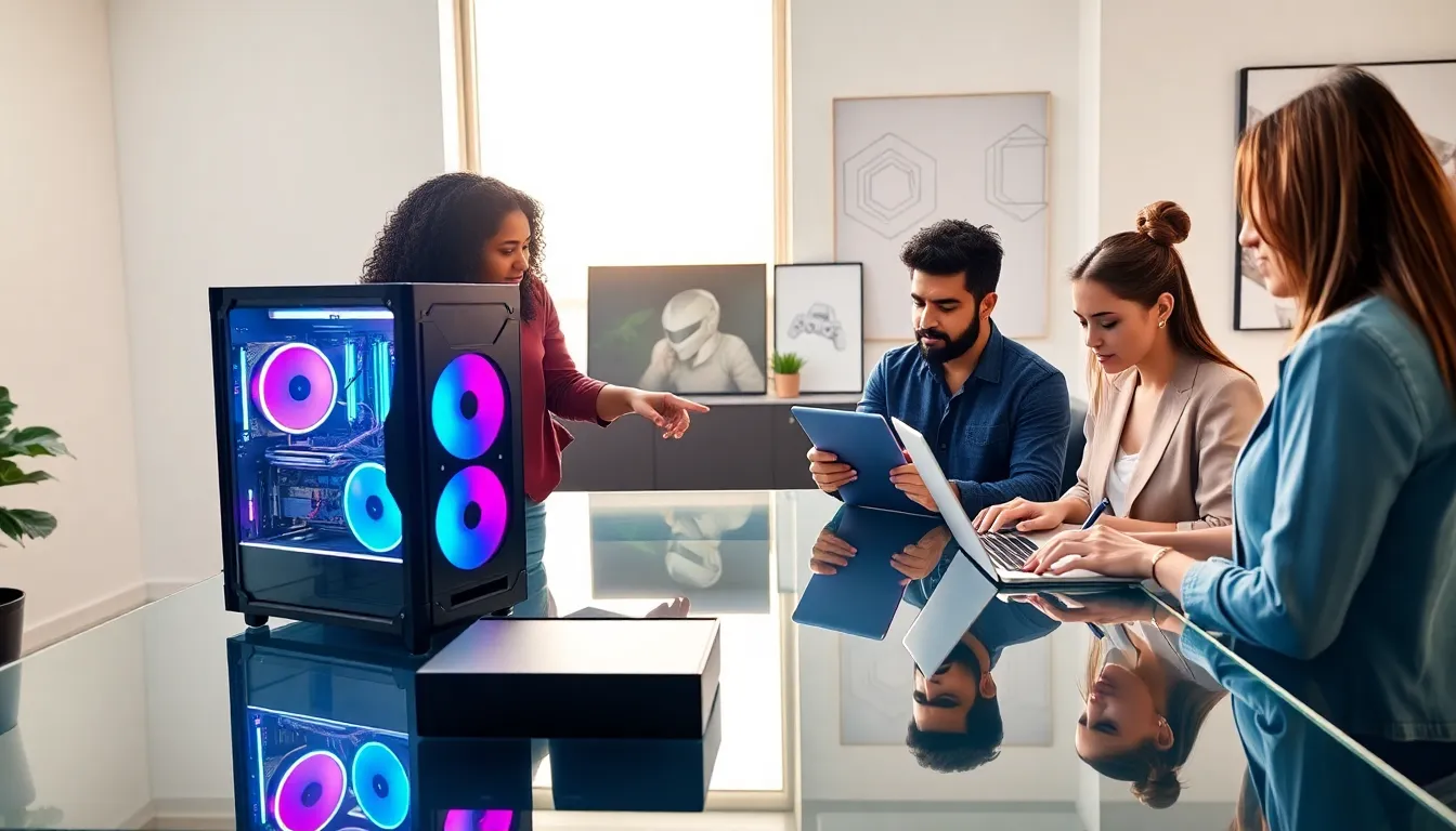 diverse professionals discussing lease to own gaming PCs in a modern office.