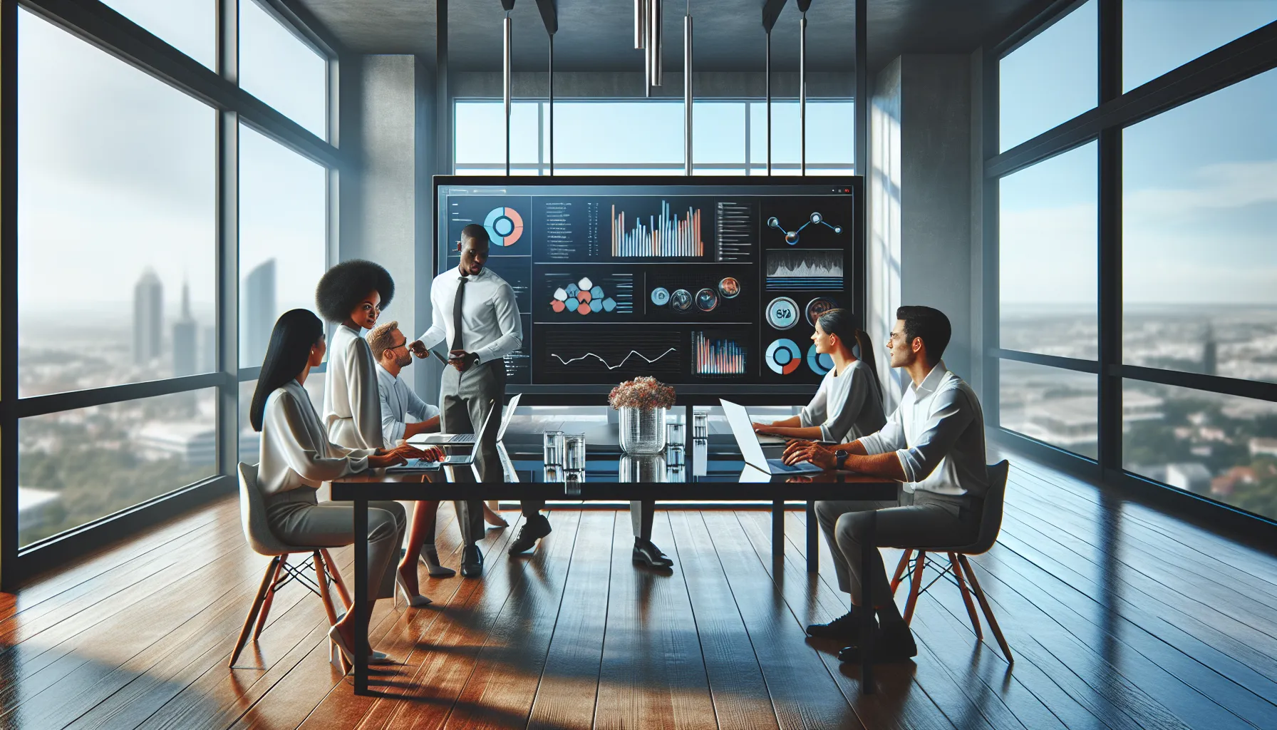 team analyzing blog data in a modern office.