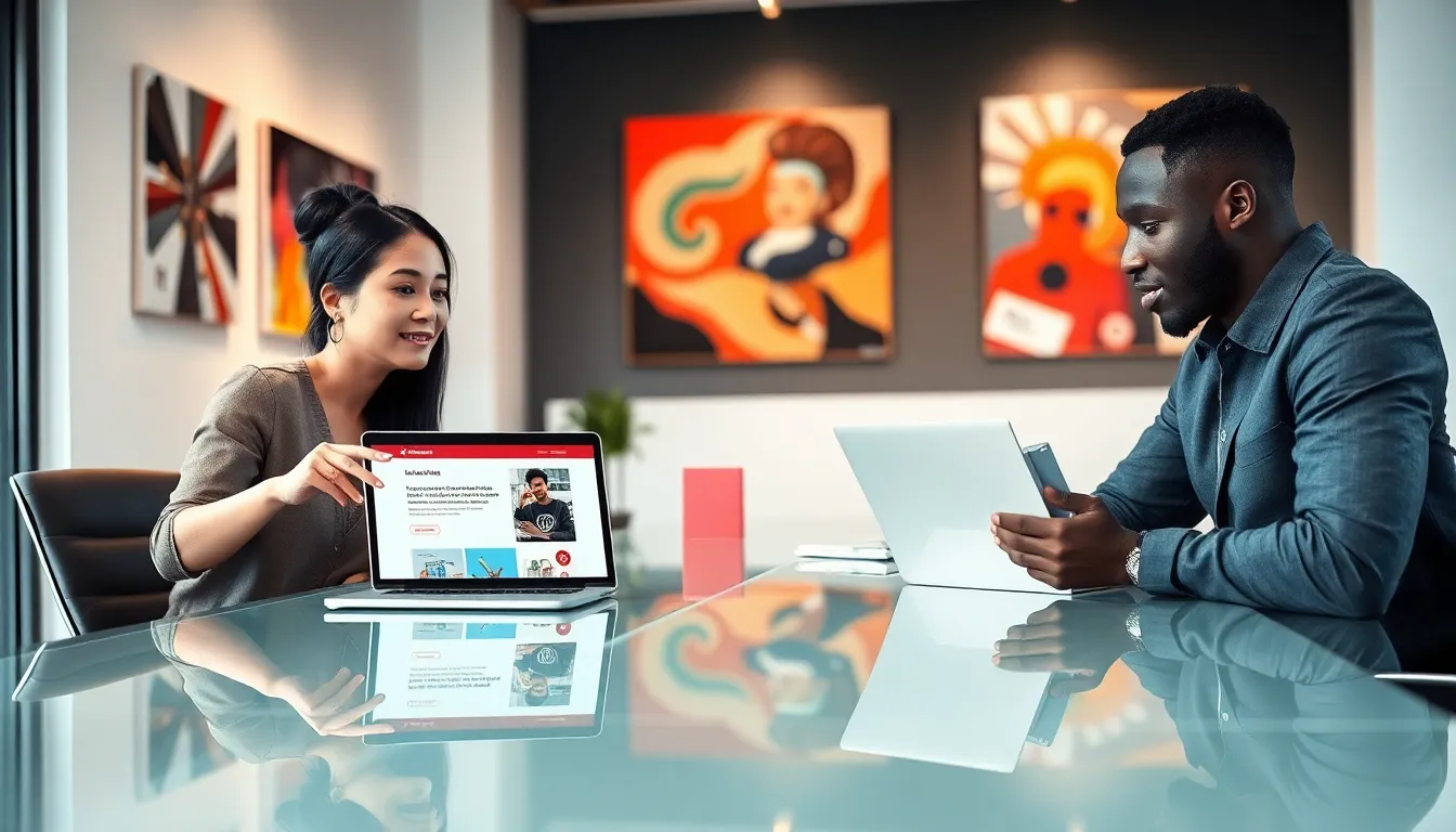 diverse team collaborating in a modern office around a digital publication.