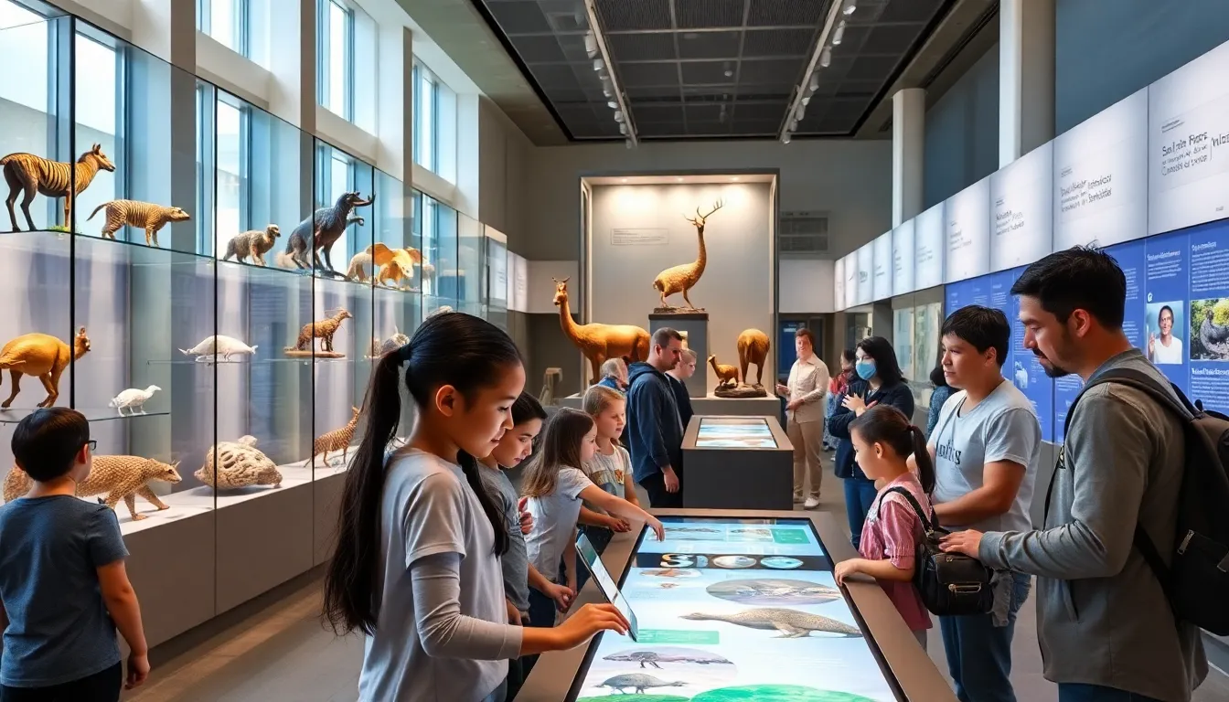 diverse group exploring an interactive life science museum exhibit.