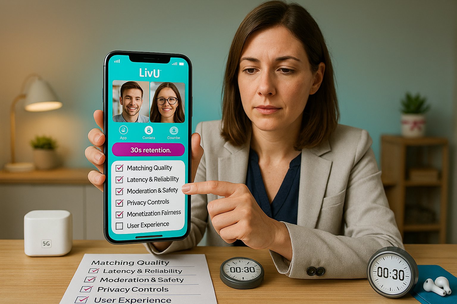 Reviewer holding phone showing LivU app UI and checklist of evaluation criteria.