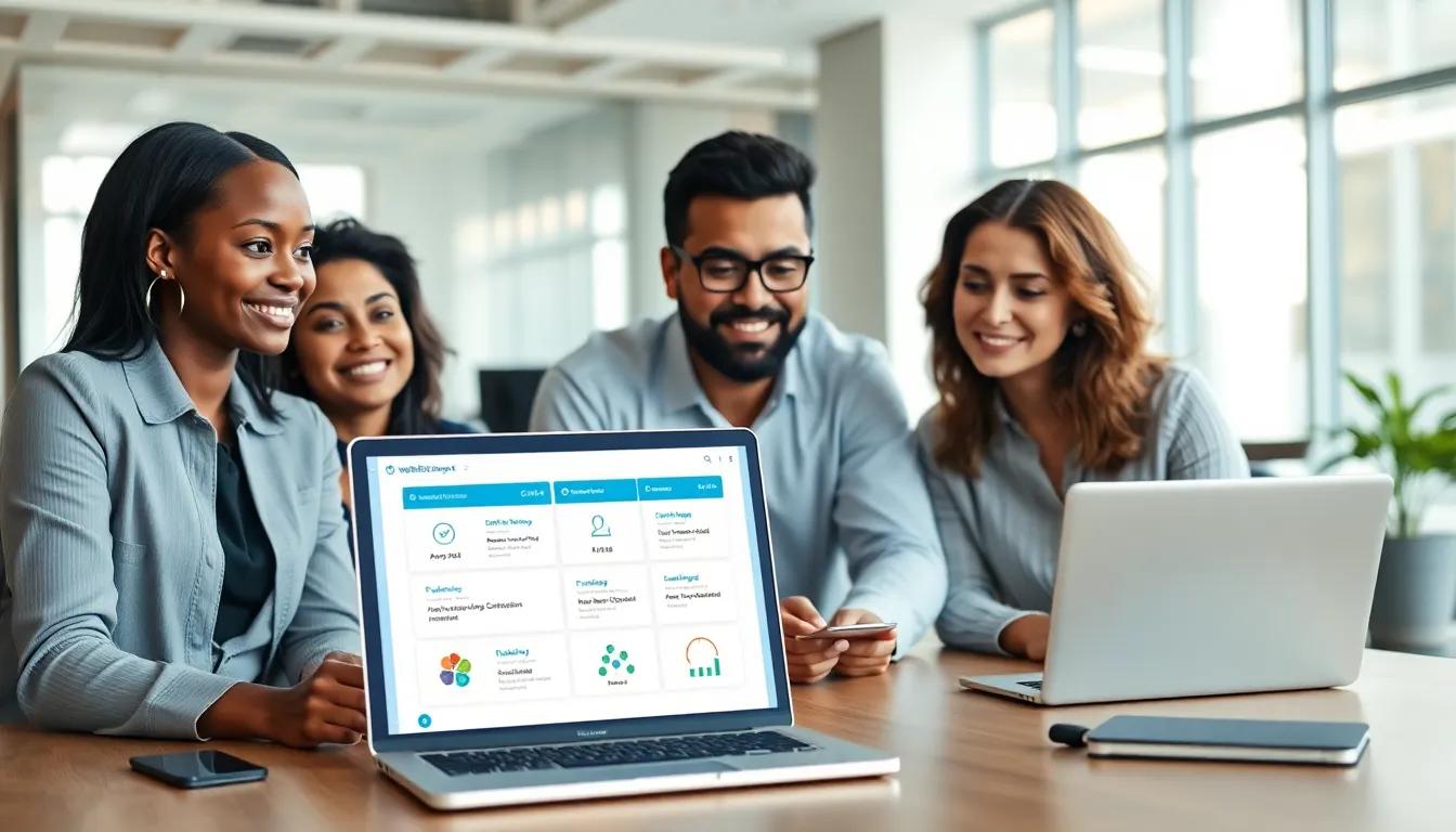 diverse team collaborating on WebBizMagnet software in a modern office.