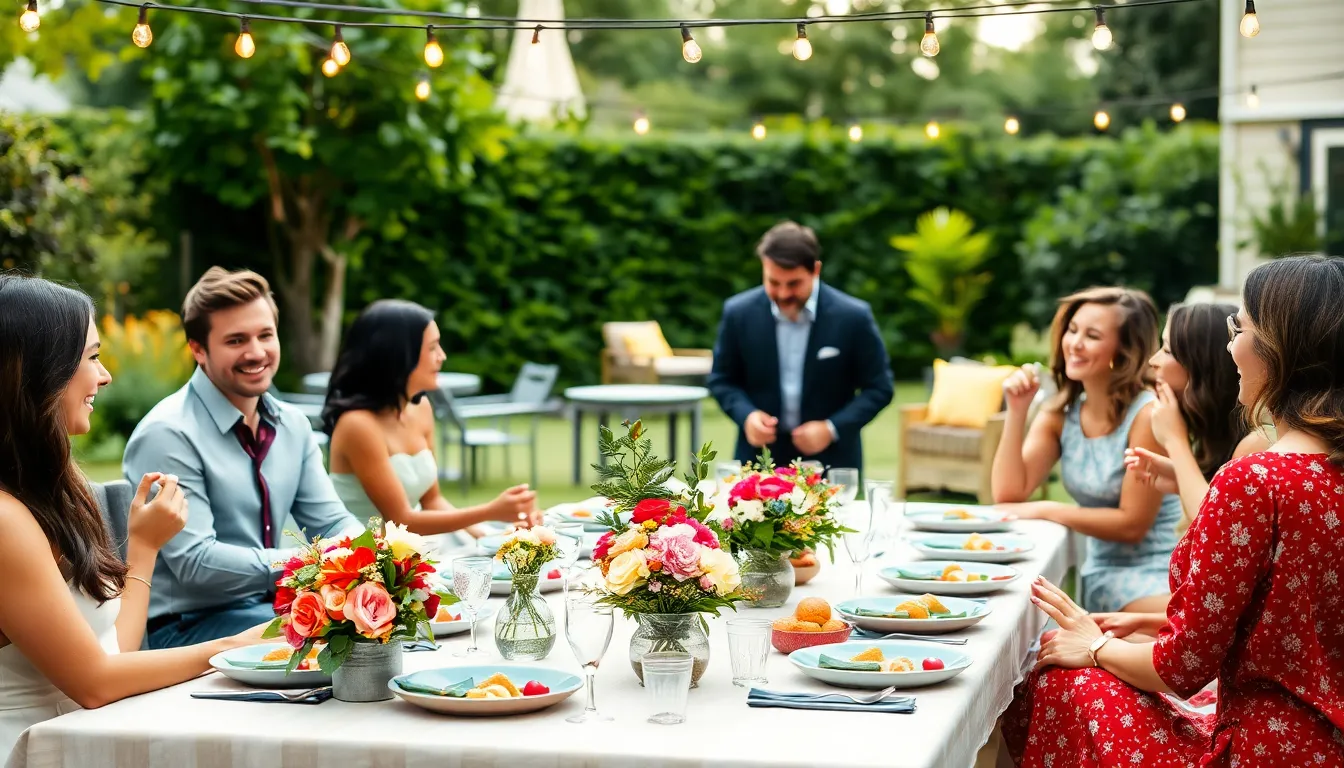 Backyard gathering showcasing a thrifty event with diverse guests and DIY decor.