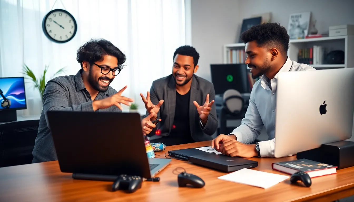 professionals brainstorming around a laptop in a bright home office.