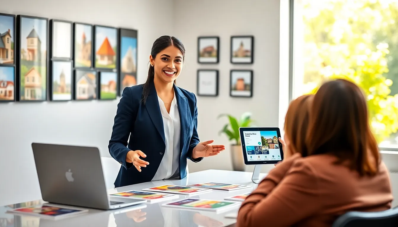 a real estate manager discussing listings with clients in a modern office.