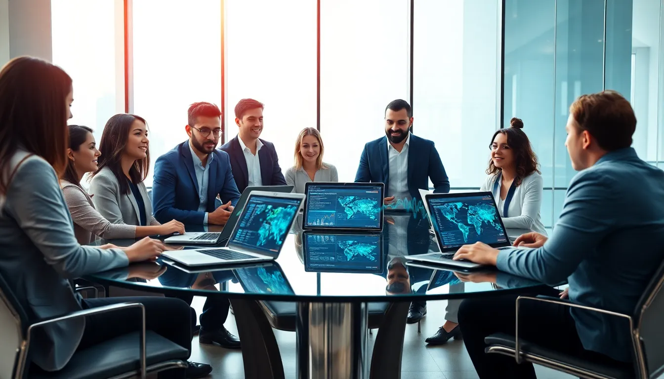IT professionals collaborating on network data in a modern office.