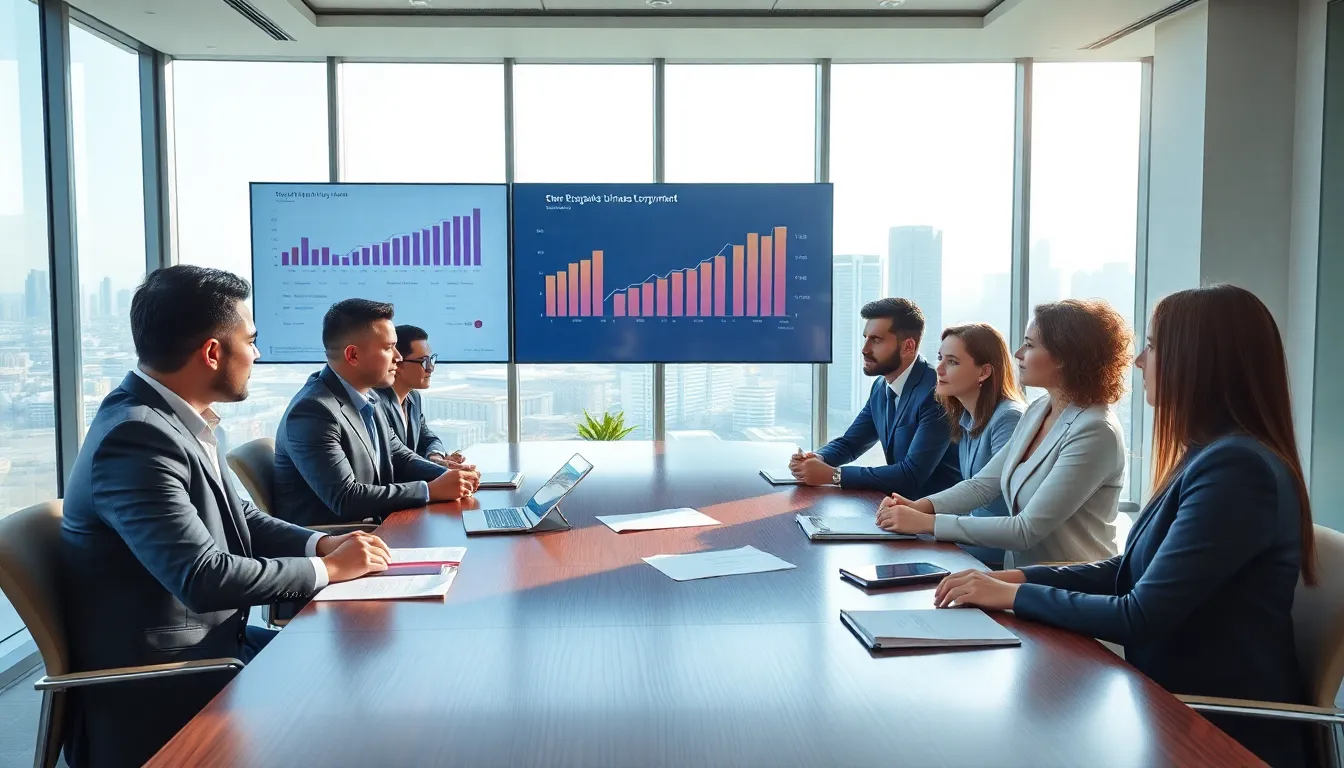diverse professionals strategizing business growth in a modern conference room.