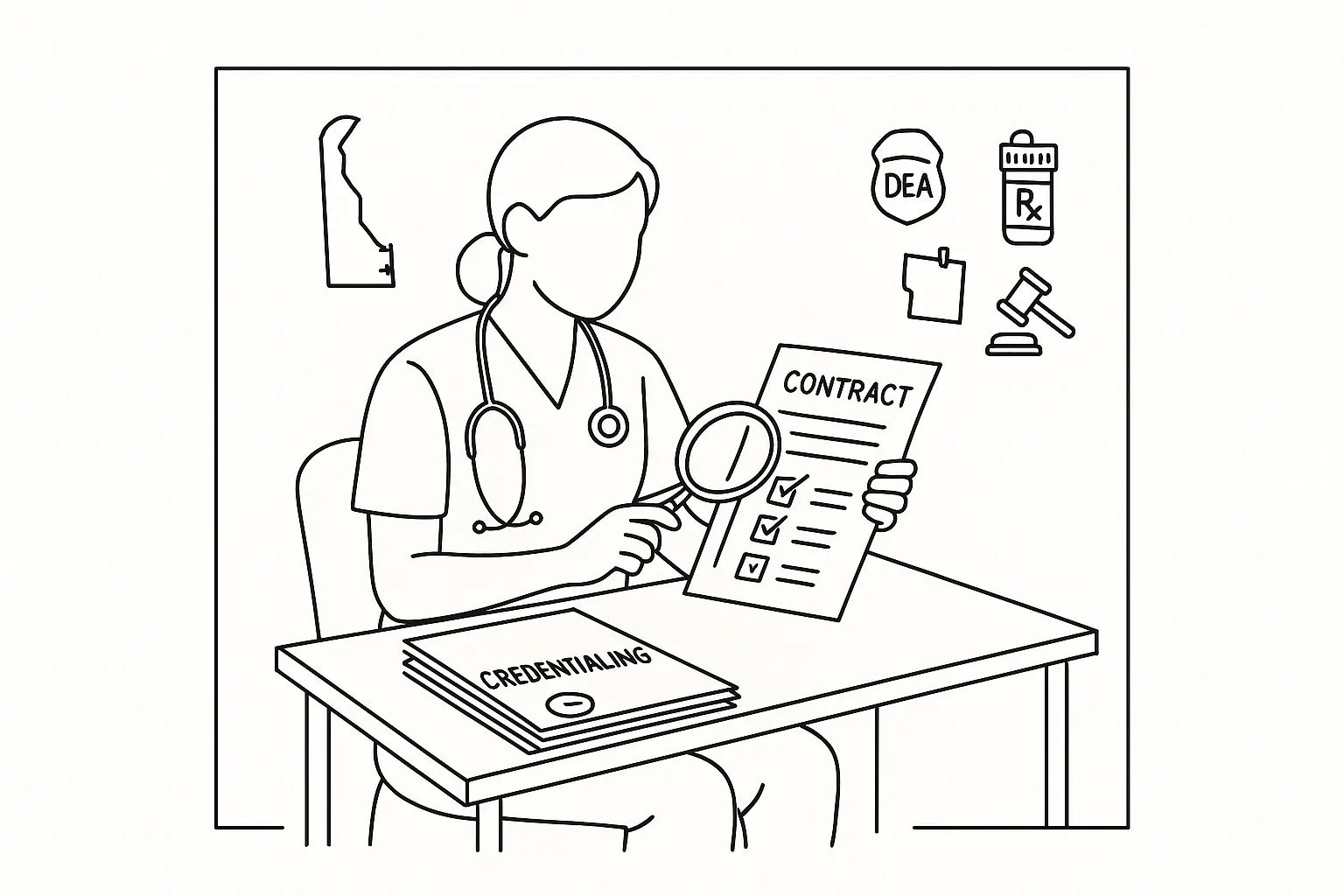 Nurse practitioner reviewing a contract with Delaware outline and topic icons.