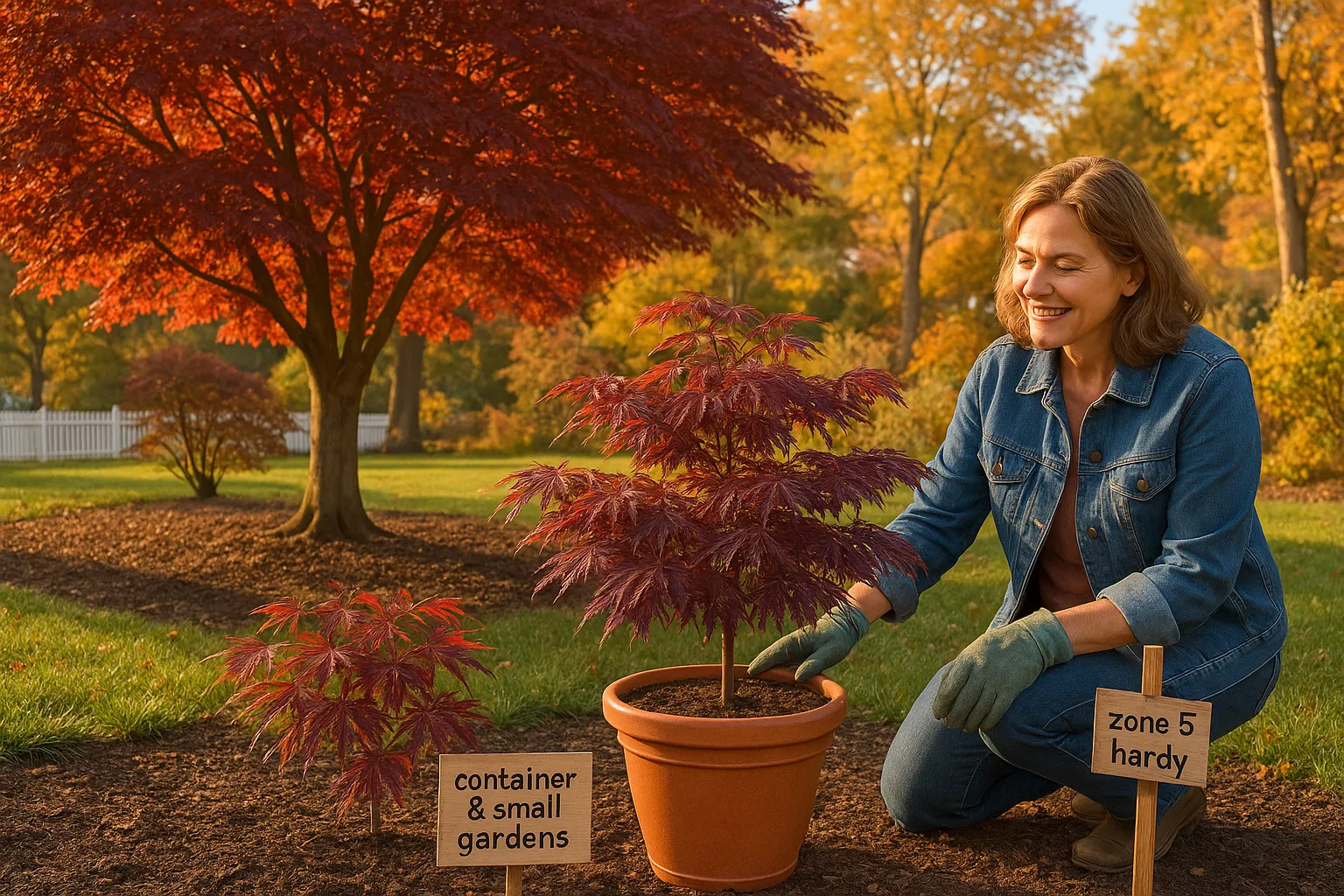 Two purple Japanese maples—larger Bloodgood in ground, smaller Atropurpureum in a pot.