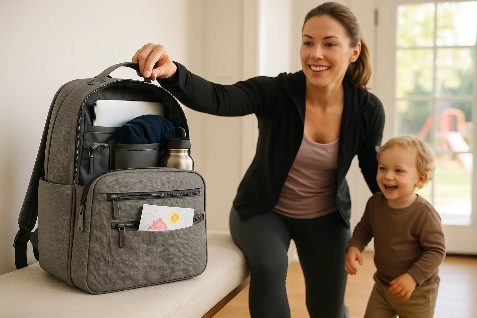 Mom grabbing a backpack while caring for her toddler in a bright home.