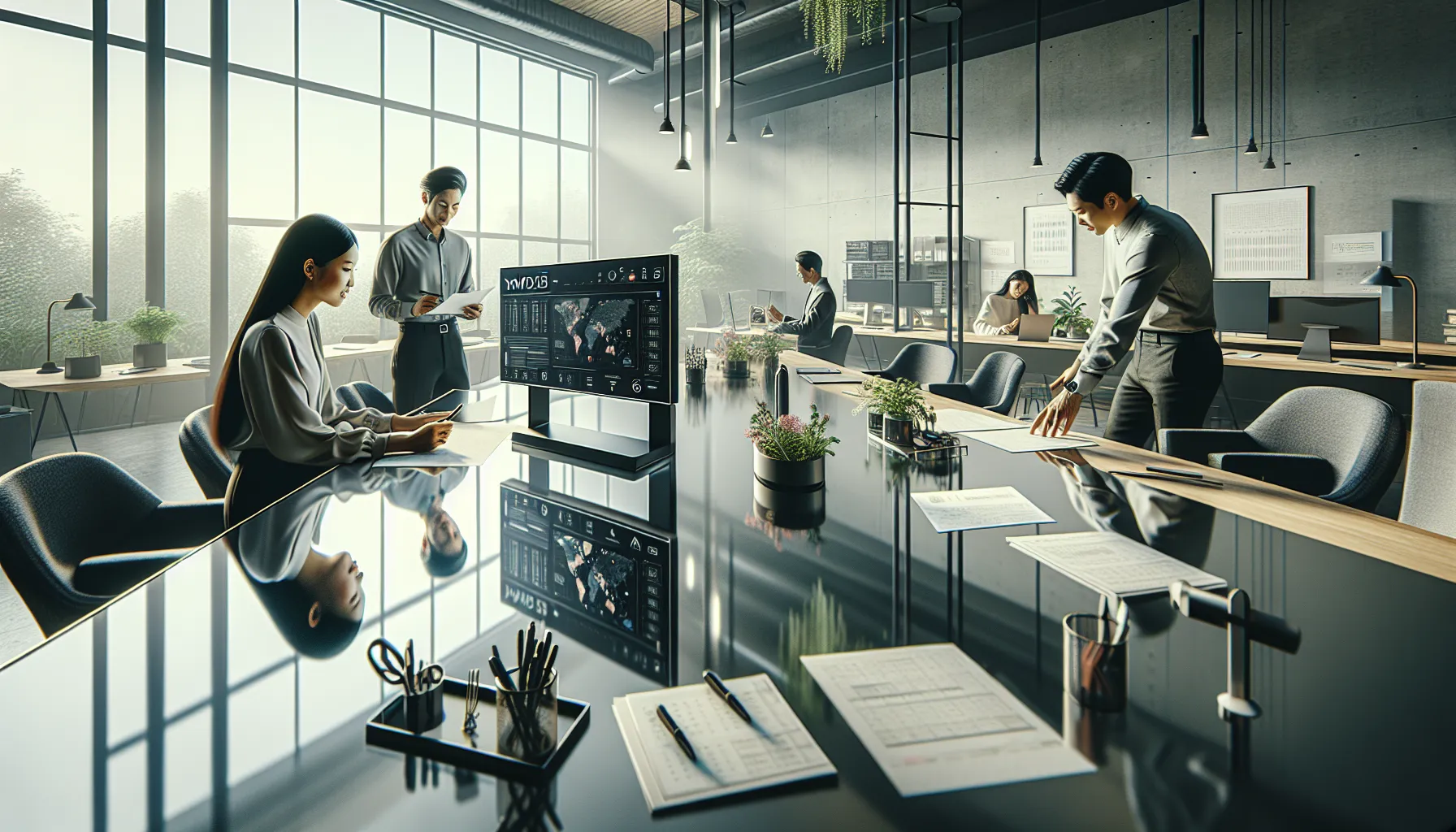 diverse professionals collaborating around the YMYDZ55 tool in a modern office.