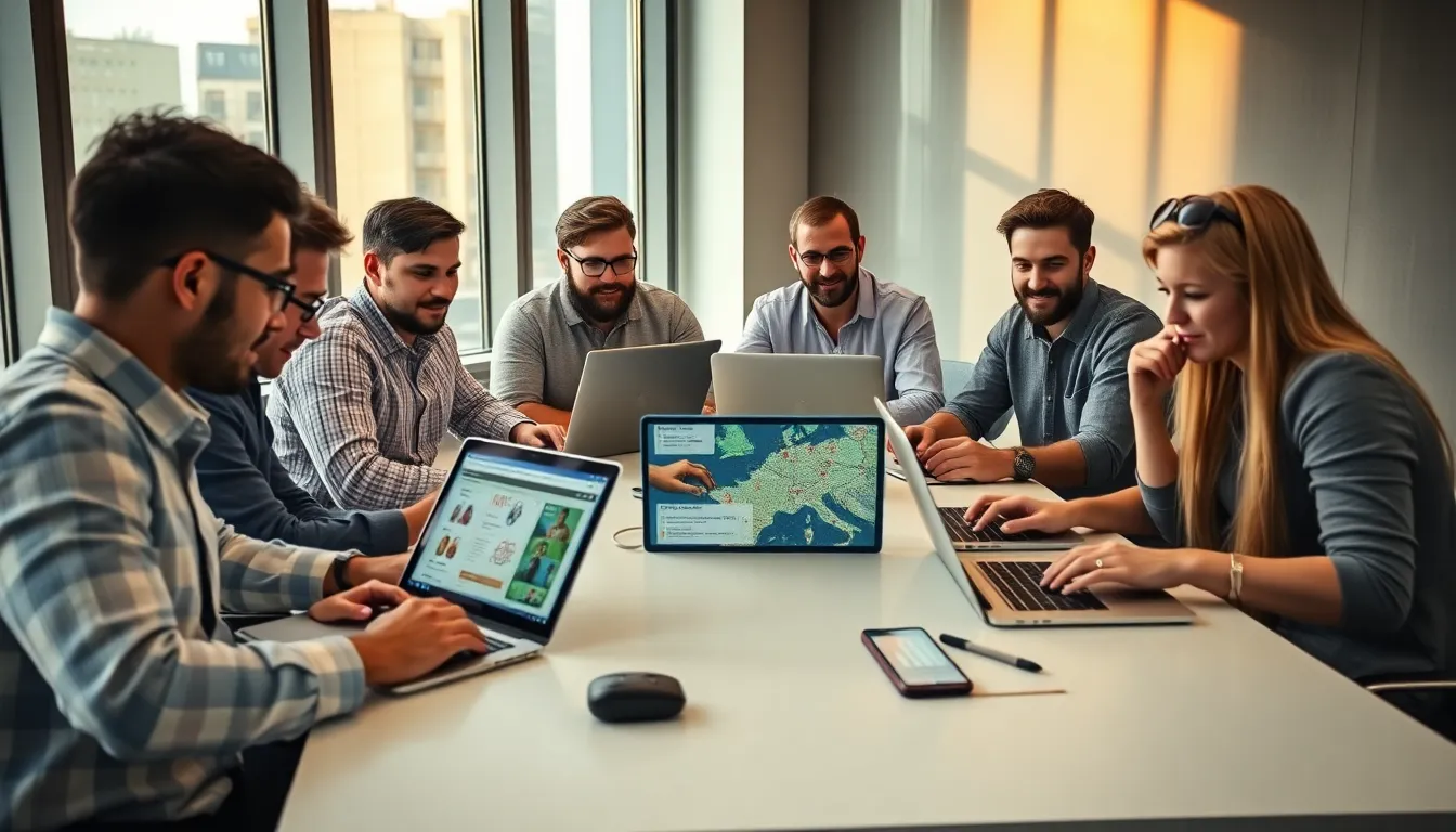 diverse group of gamers strategizing in a modern workspace.