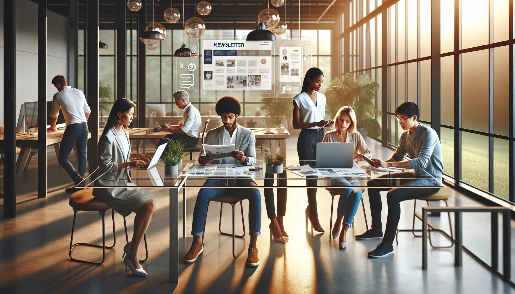 diverse team creating a newsletter in a modern office.