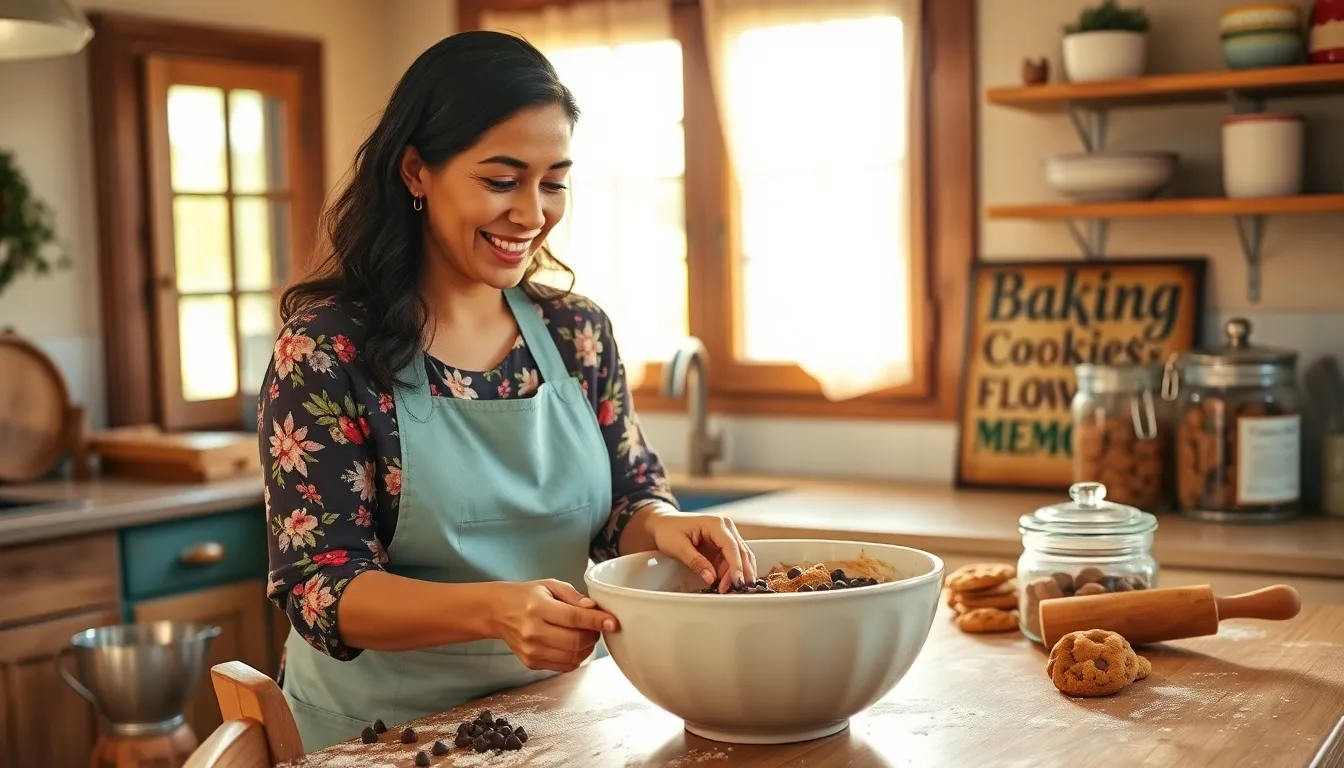 a woman happily baking cookies in a sunny kitchen.