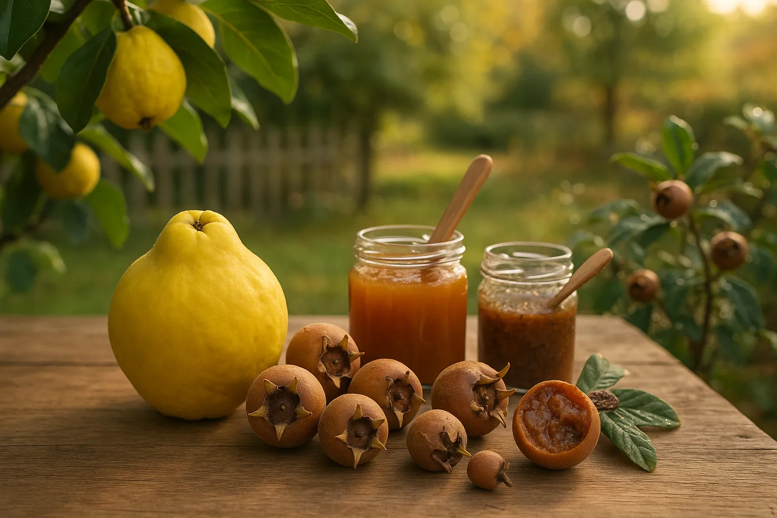 Side-by-side quince and medlar fruits with preserves on a wooden table