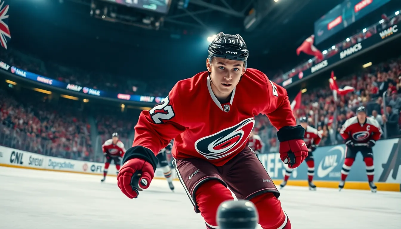 A hockey player from the Carolina Hurricanes dribbling a puck during a game.