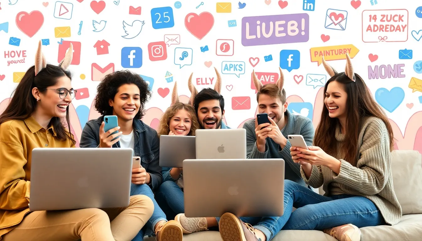 diverse group sharing memes in a vibrant digital environment.