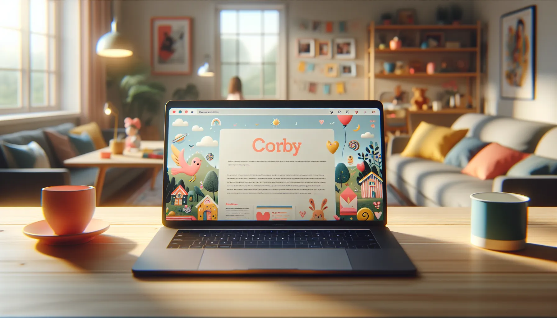 laptop displaying a friendly newsletter in a cozy home setting.