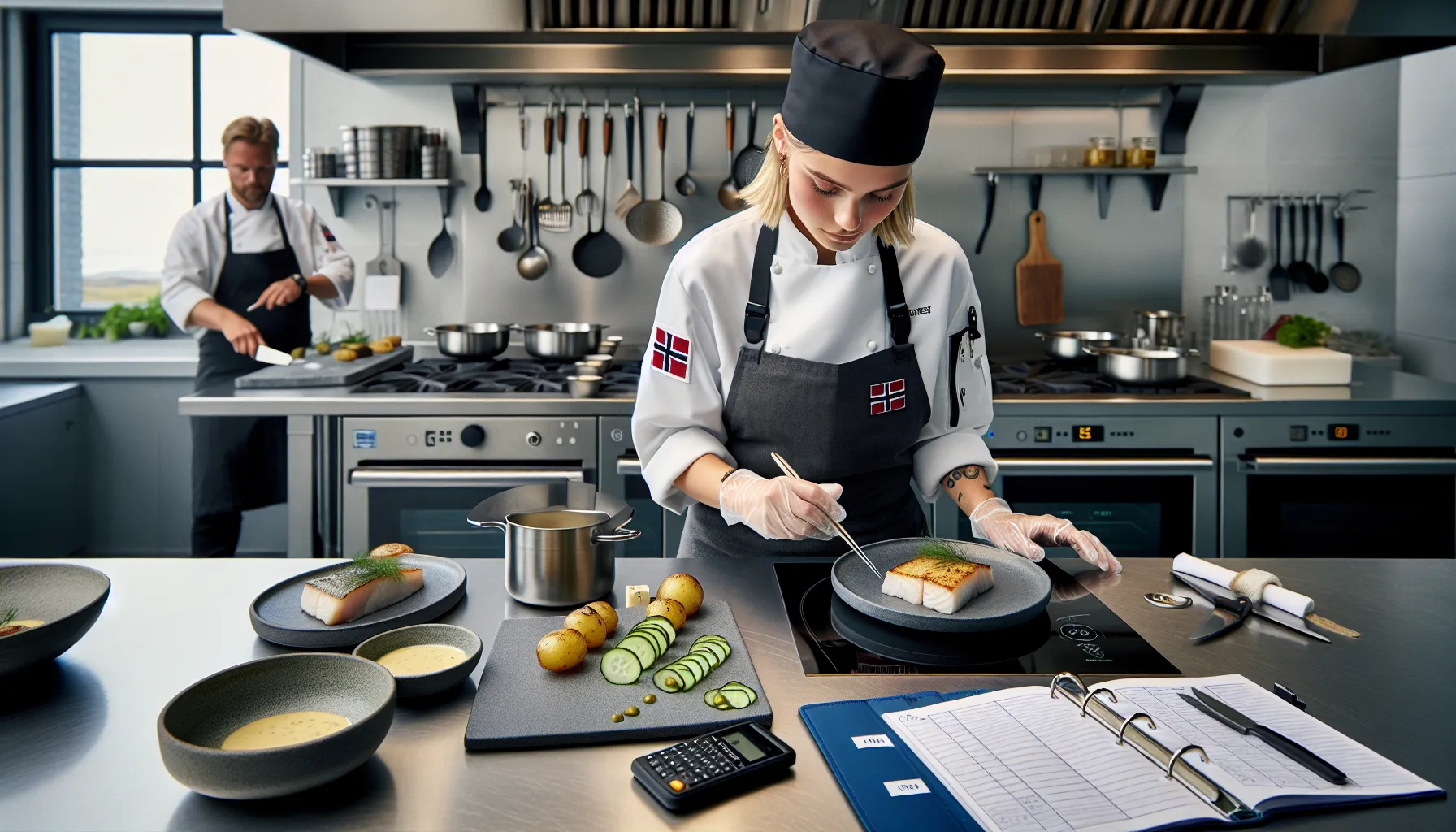 Norwegian apprentice chef plates cod during fagprøve under an assessor’s supervision.