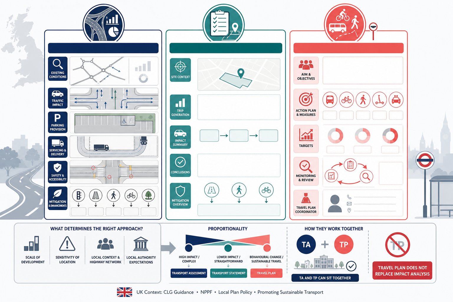 comparison infographic of Transport Assessment, Transport Statement, and Travel Plan in the UK