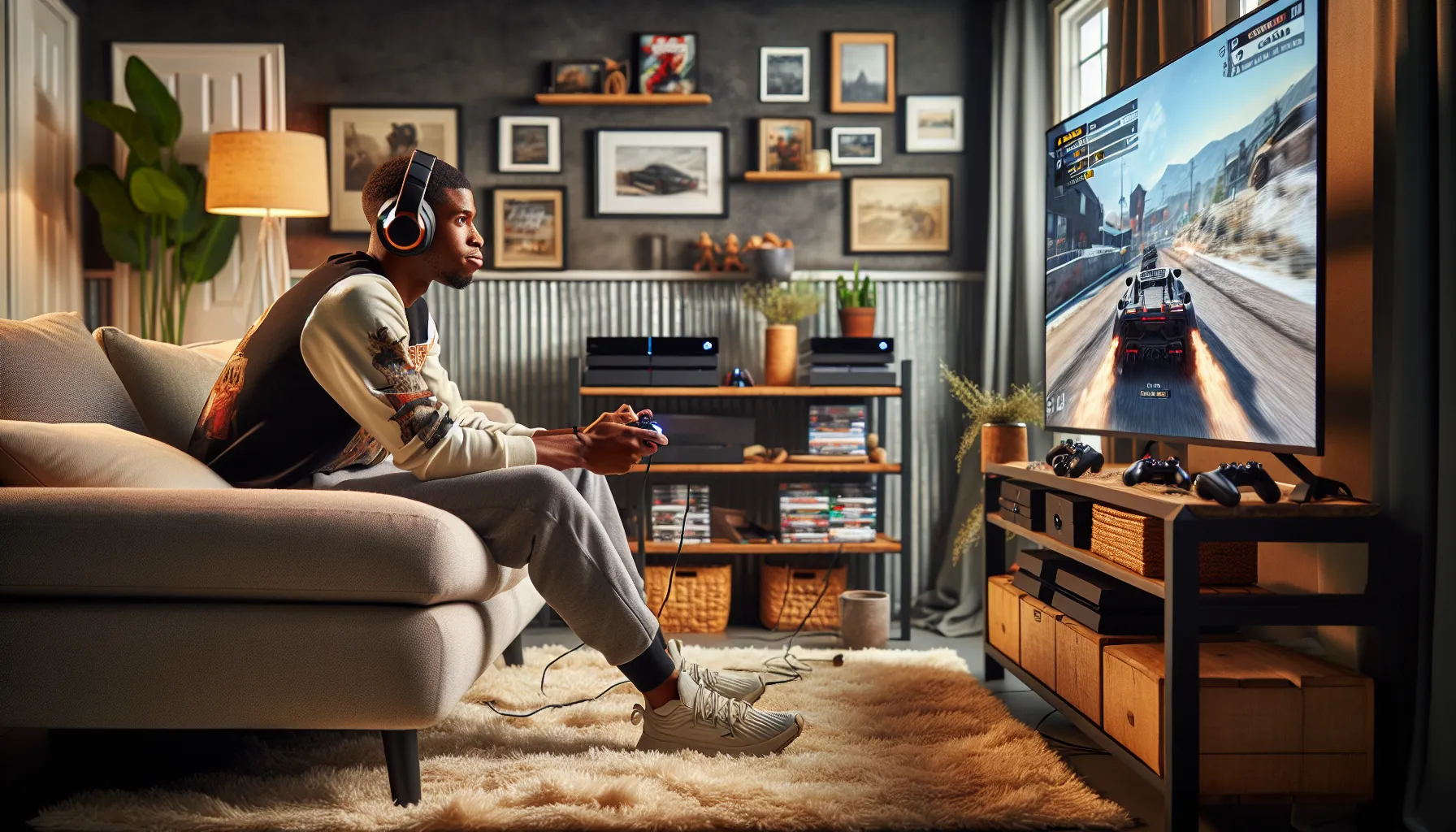 A young man playing PS5 in a cozy living room with Xbox nearby.