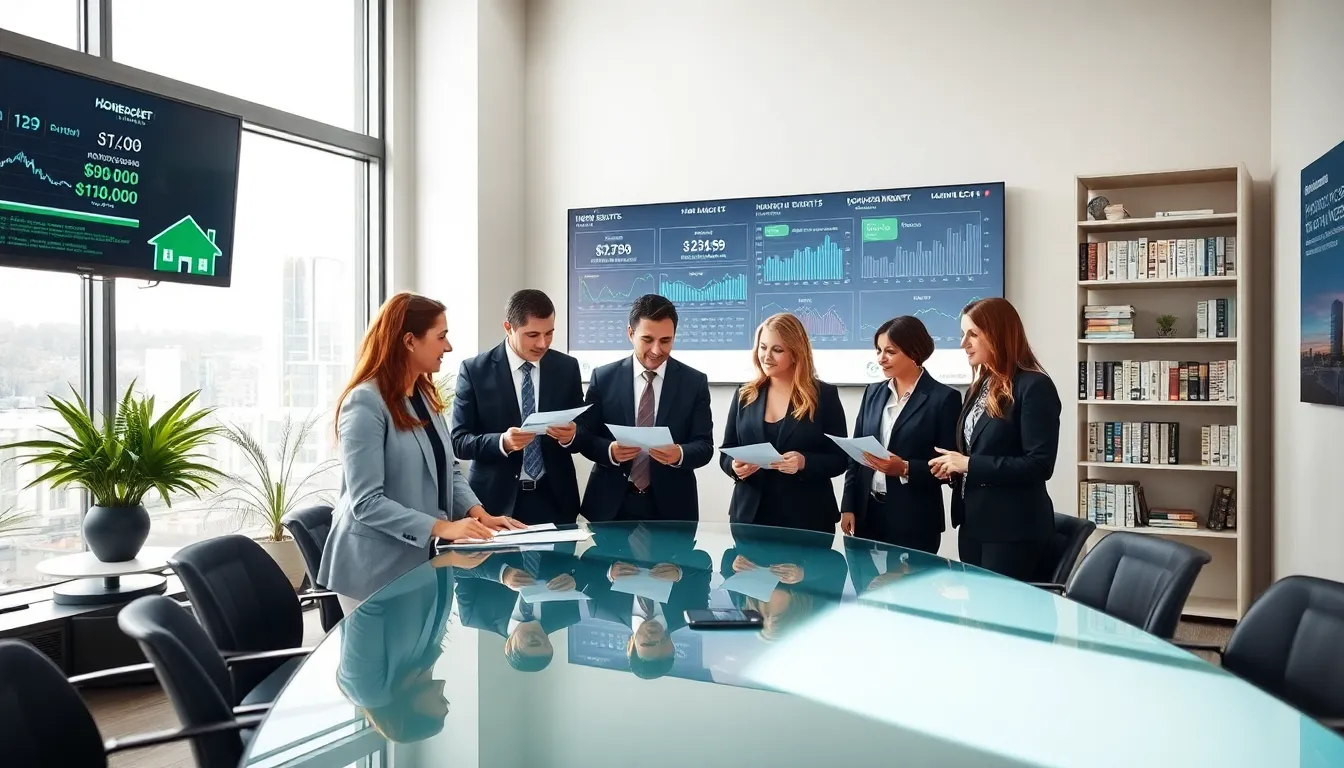 diverse real estate team discussing market insights in a modern office.