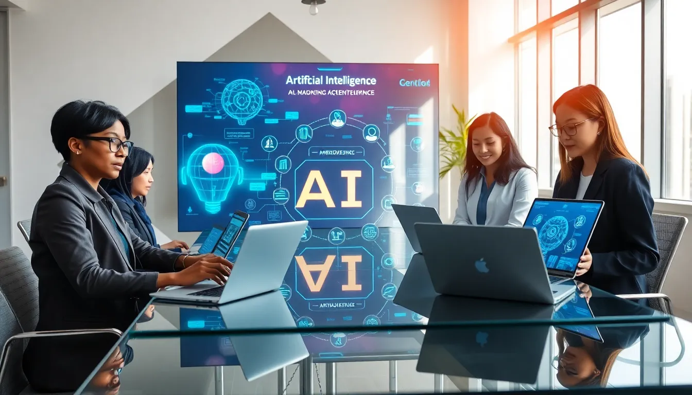 diverse team discussing artificial intelligence in a modern office.