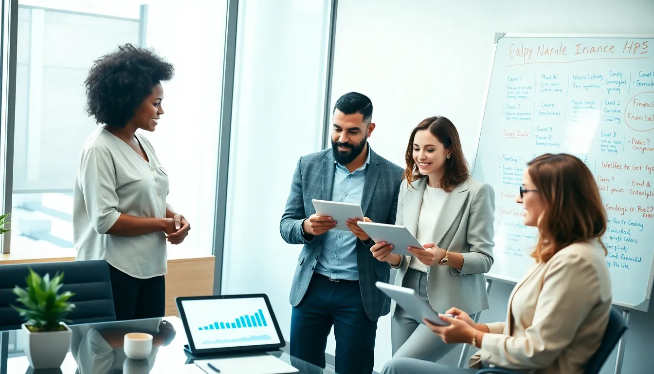 diverse personal finance influencers discussing money management in a modern office.