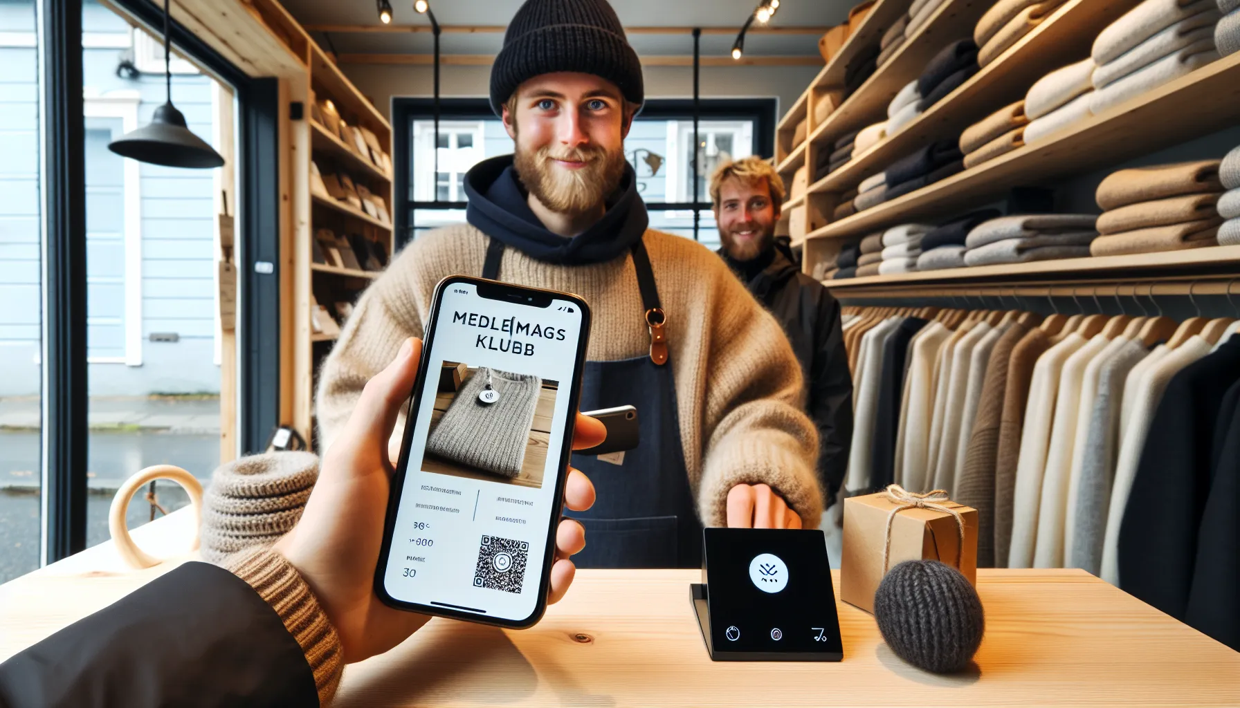 Slik kan små bedrifter dra nytte av medlemsklubber 2 Norwegian boutique checkout scanning a customer’s membership app for points and perks.