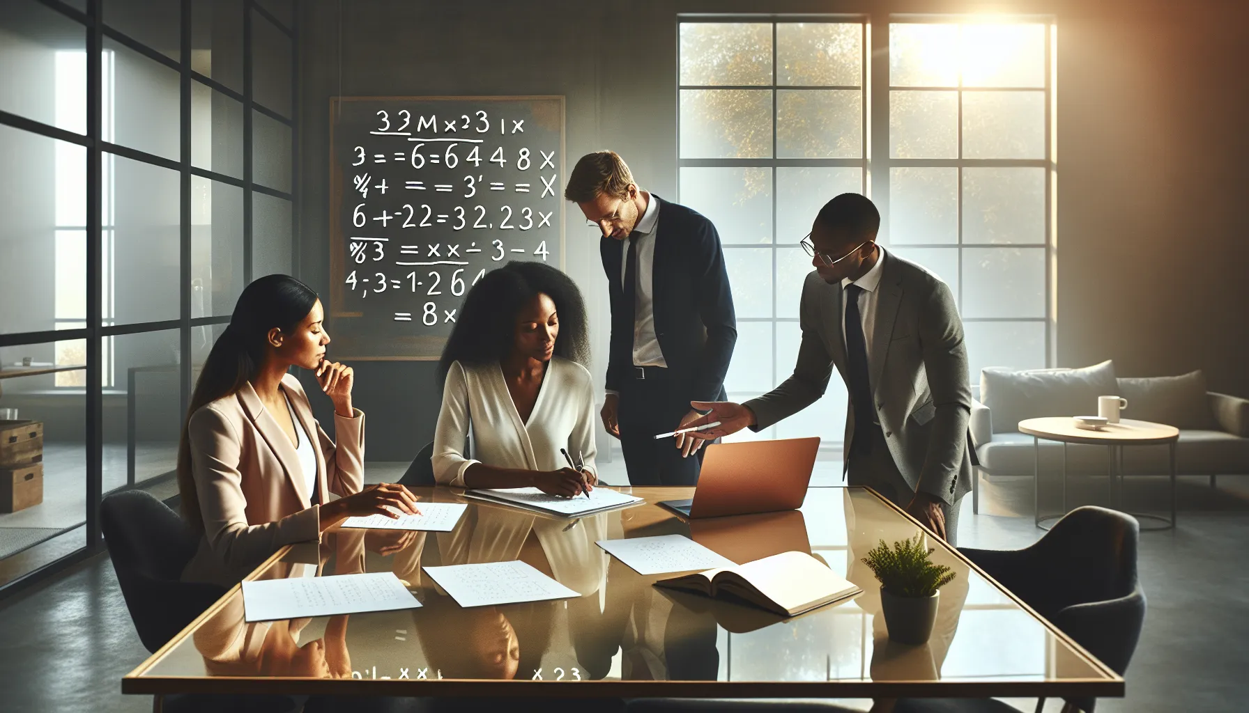 professionals discussing common multiplication mistakes in a modern office.