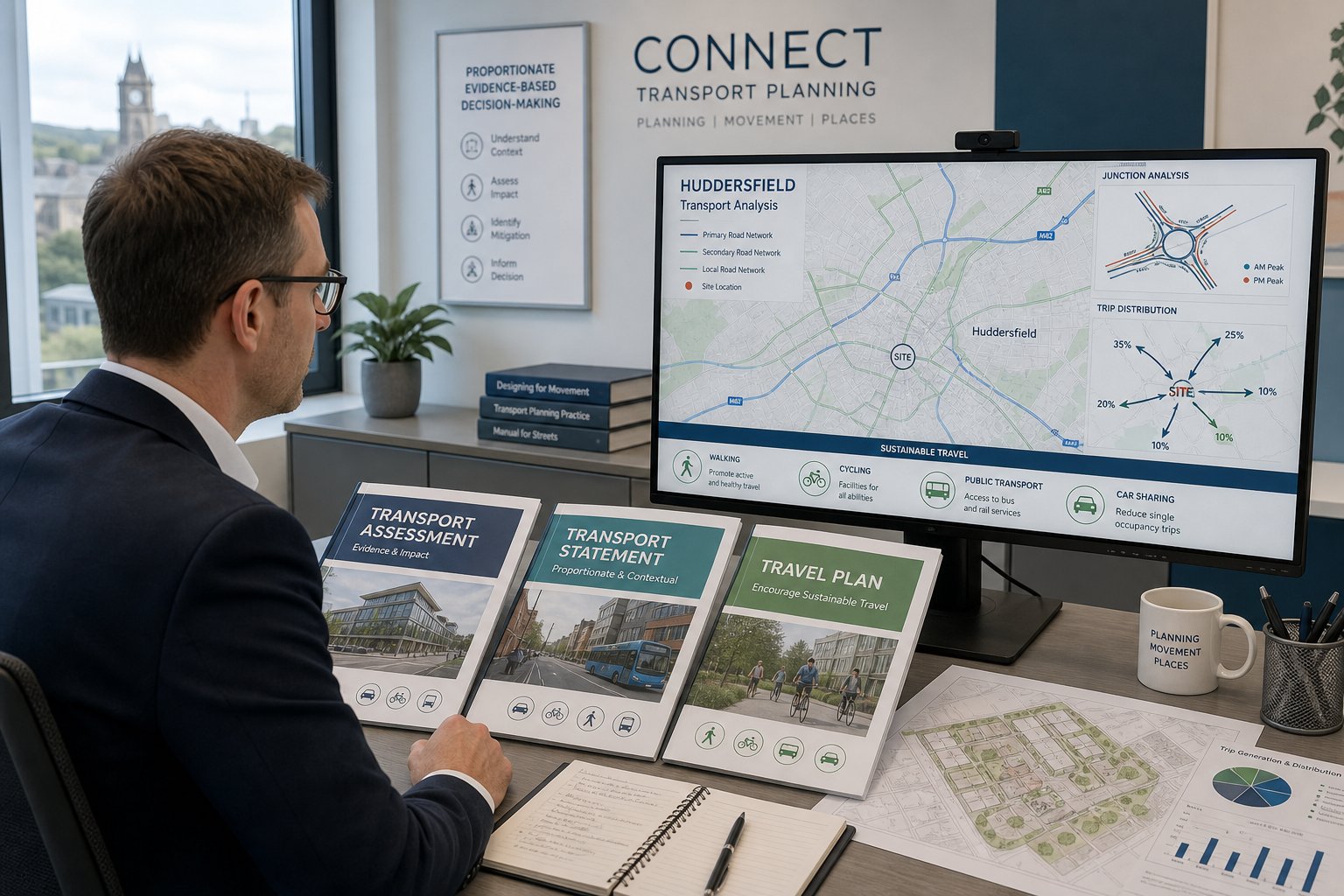 Traffic engineer reviewing transport planning documents in a modern UK office.