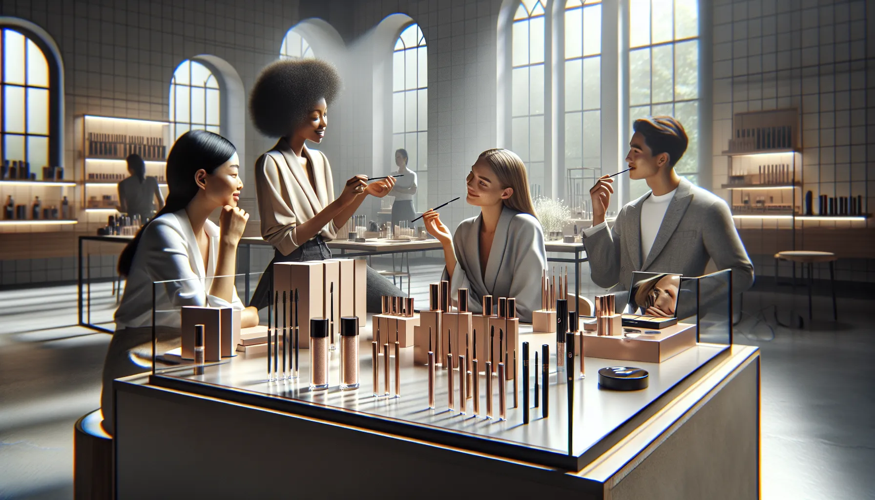 diverse group applying Zosisfod eyebrow products in a modern beauty setting.