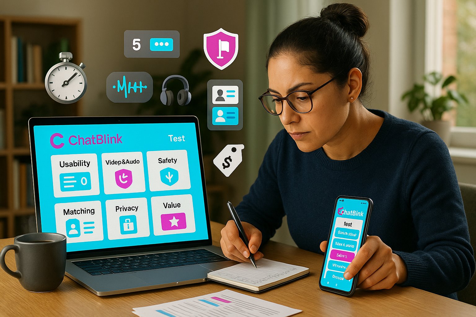 Reviewer testing ChatBlink on laptop and phone, with icons for usability and safety.