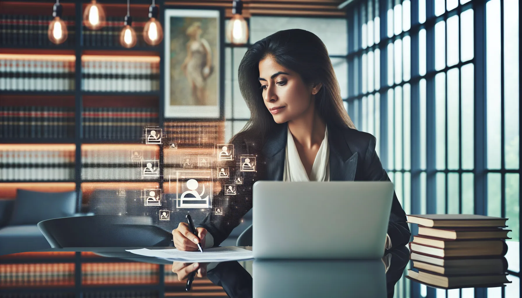 legal professional reviewing copyright documents in a modern office.