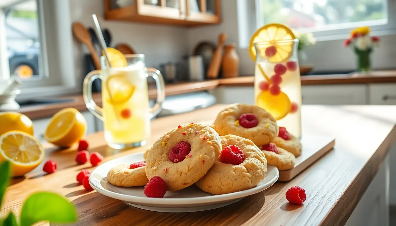 plate of raspberry lemonade cookies with a pitcher of lemonade.