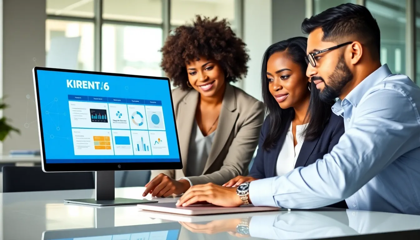diverse team collaborating on the Kirent6 platform in a modern office.