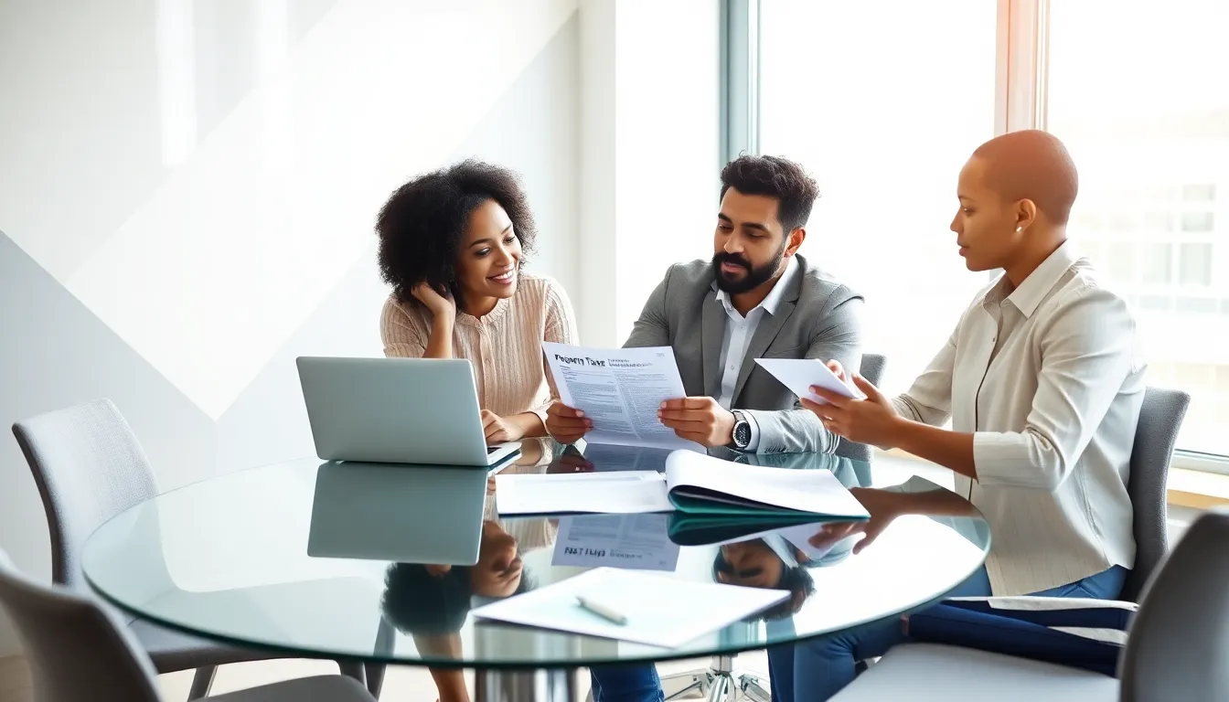 couple discussing property taxes in a modern office.