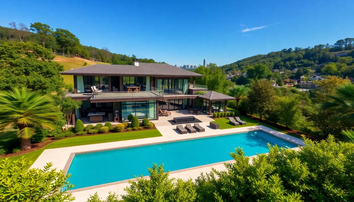 luxury home with modern design in an aerial view of Atlanta.