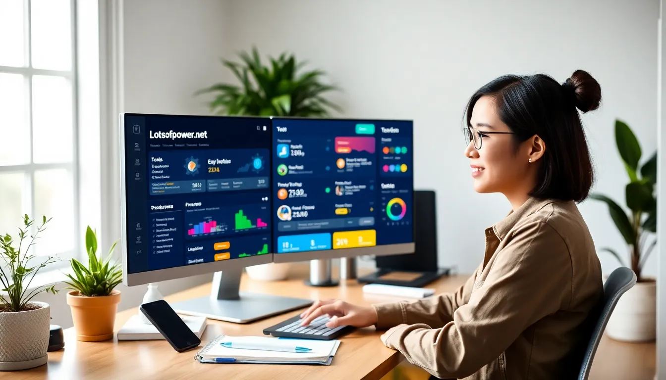a woman using a computer in a modern home office.