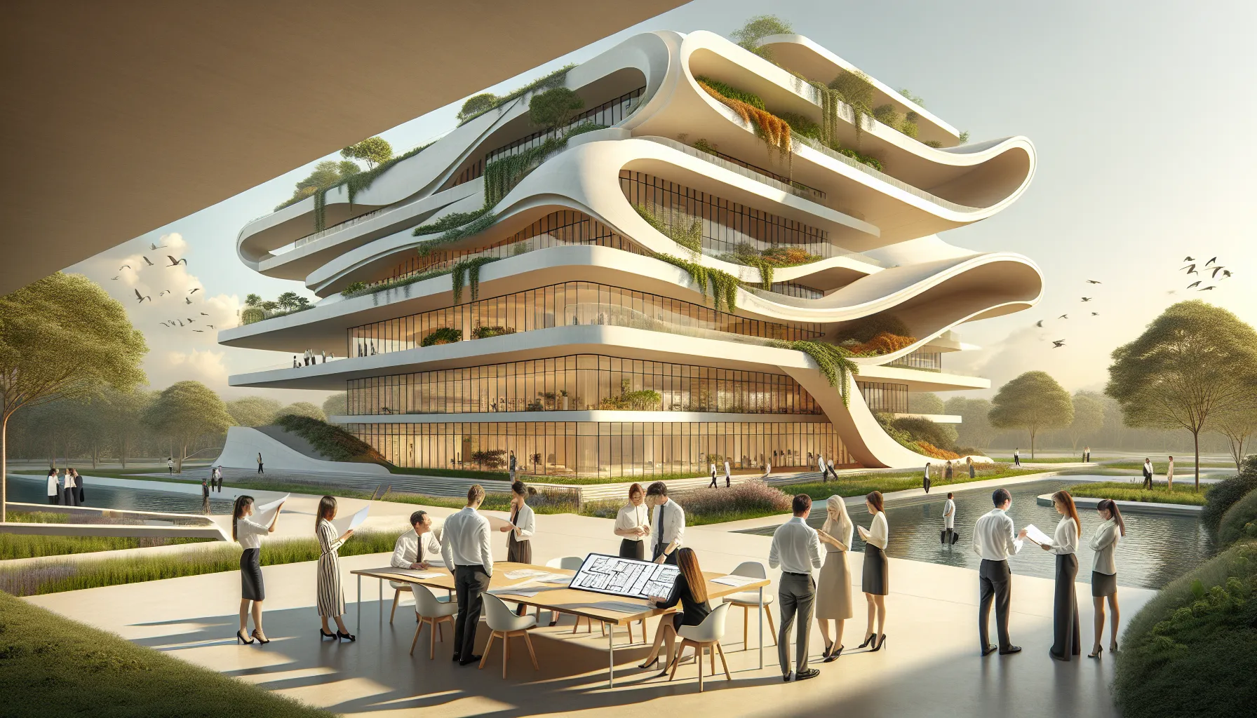 diverse architects collaborating on modern building design concepts.