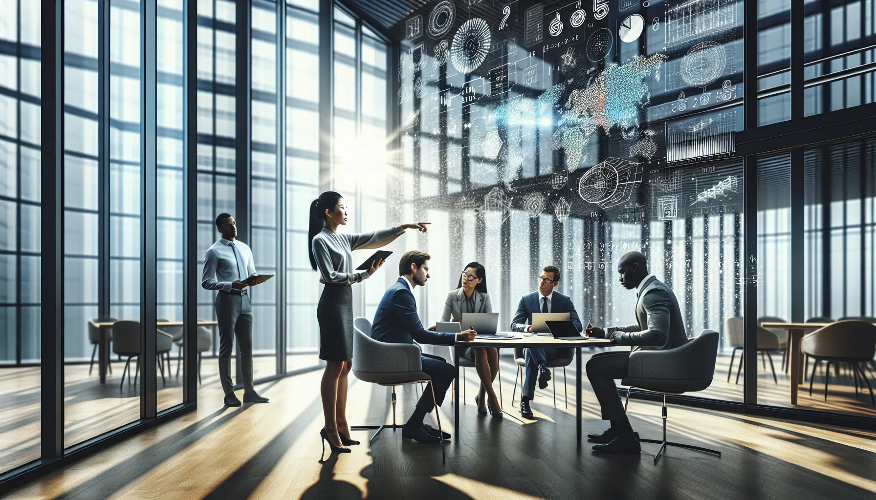 diverse team discussing technology and data management in a modern office.