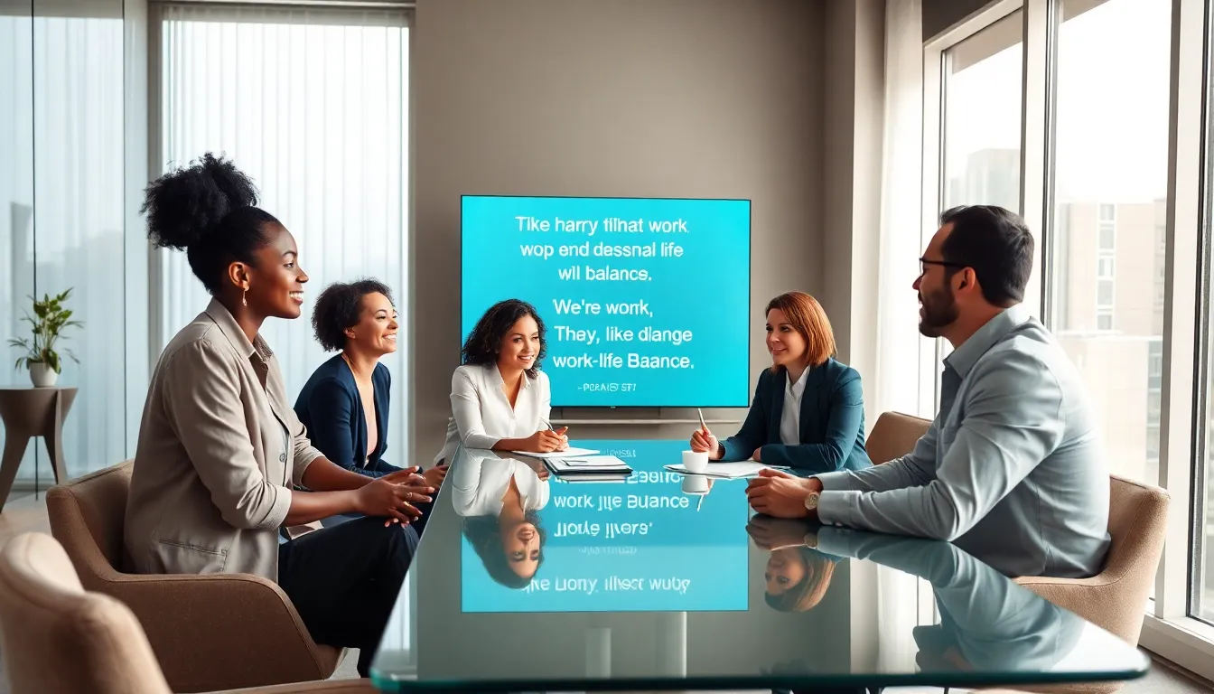 diverse team discussing work-life balance humor in a modern office.