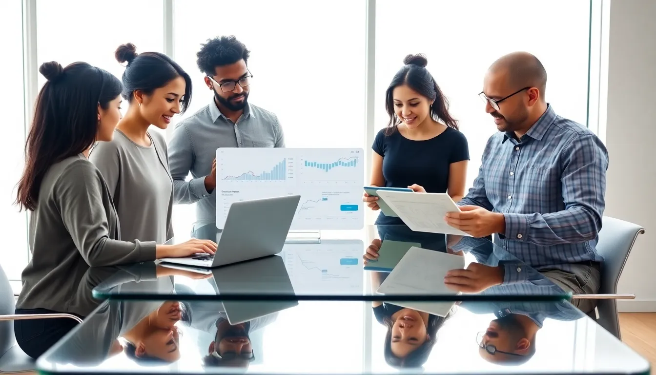 diverse team collaborating on a DevOps project in a modern office.