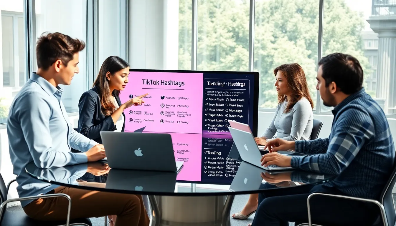 diverse team brainstorming trending TikTok hashtags in a modern office.