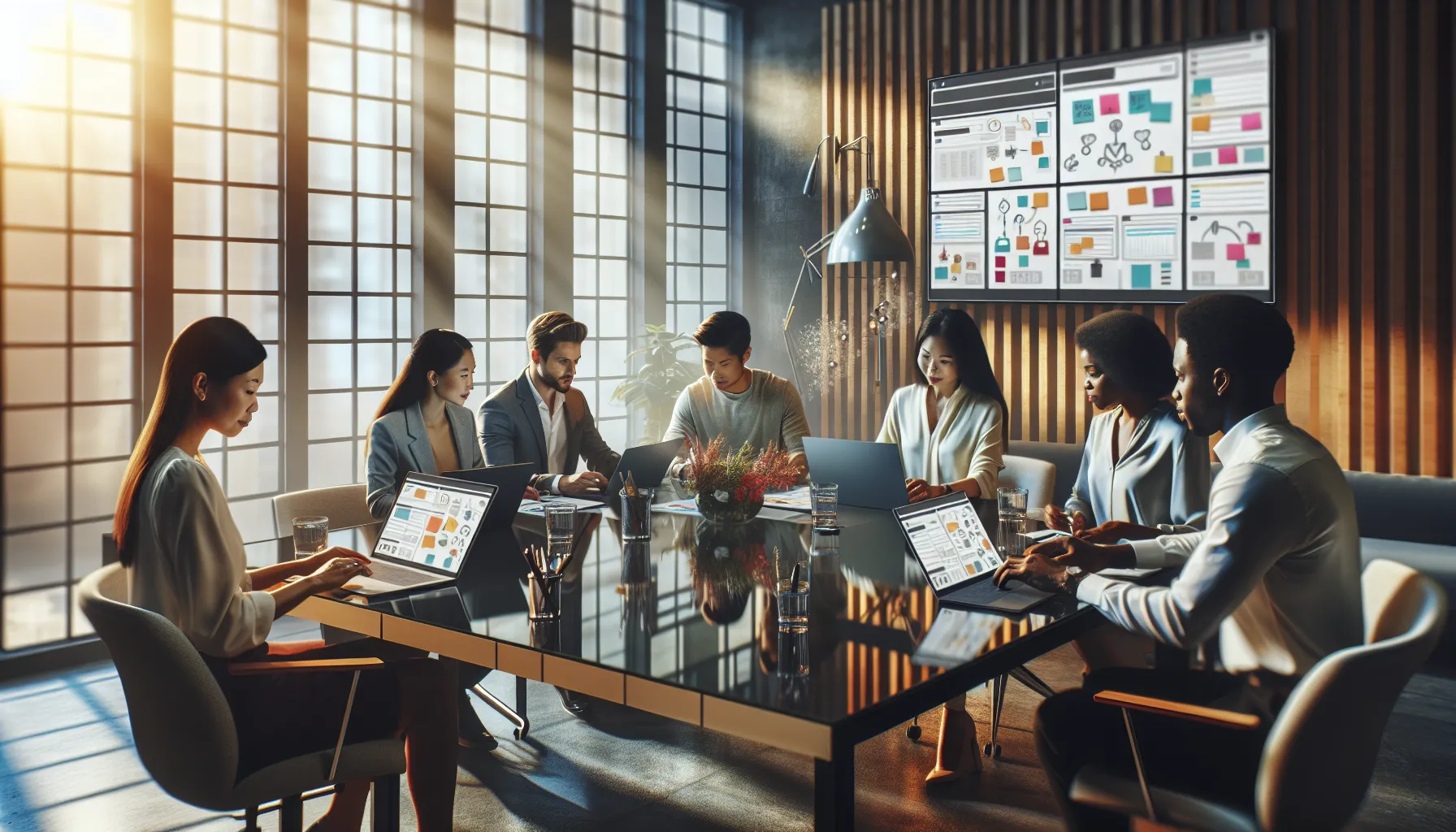 diverse team collaborating in a modern office on Fumbleboard setup.