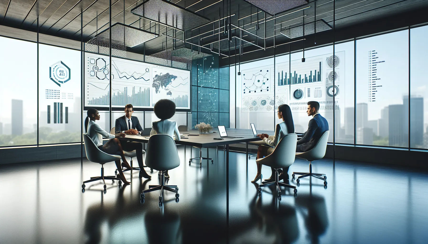 diverse team analyzing data in a modern office.