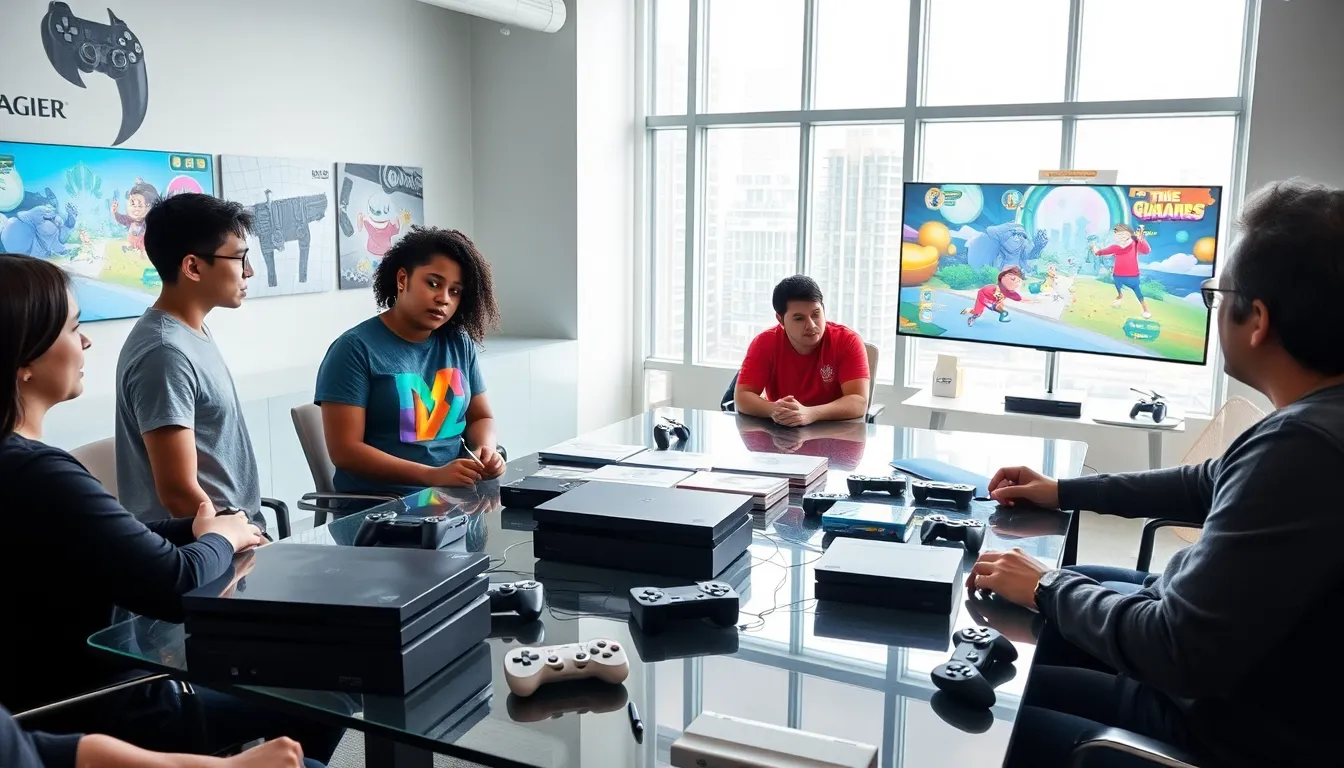 a diverse team in a game studio discussing ideas with a PlayStation console.