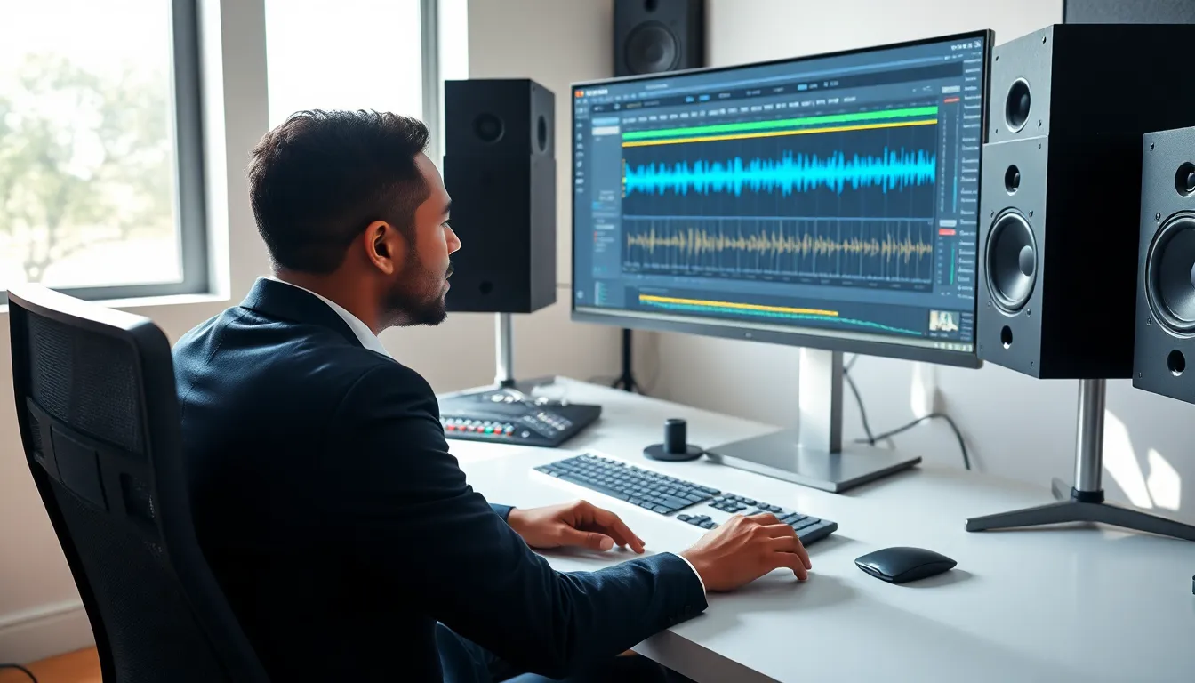 audio engineer working on digital audio tracks in a modern studio.