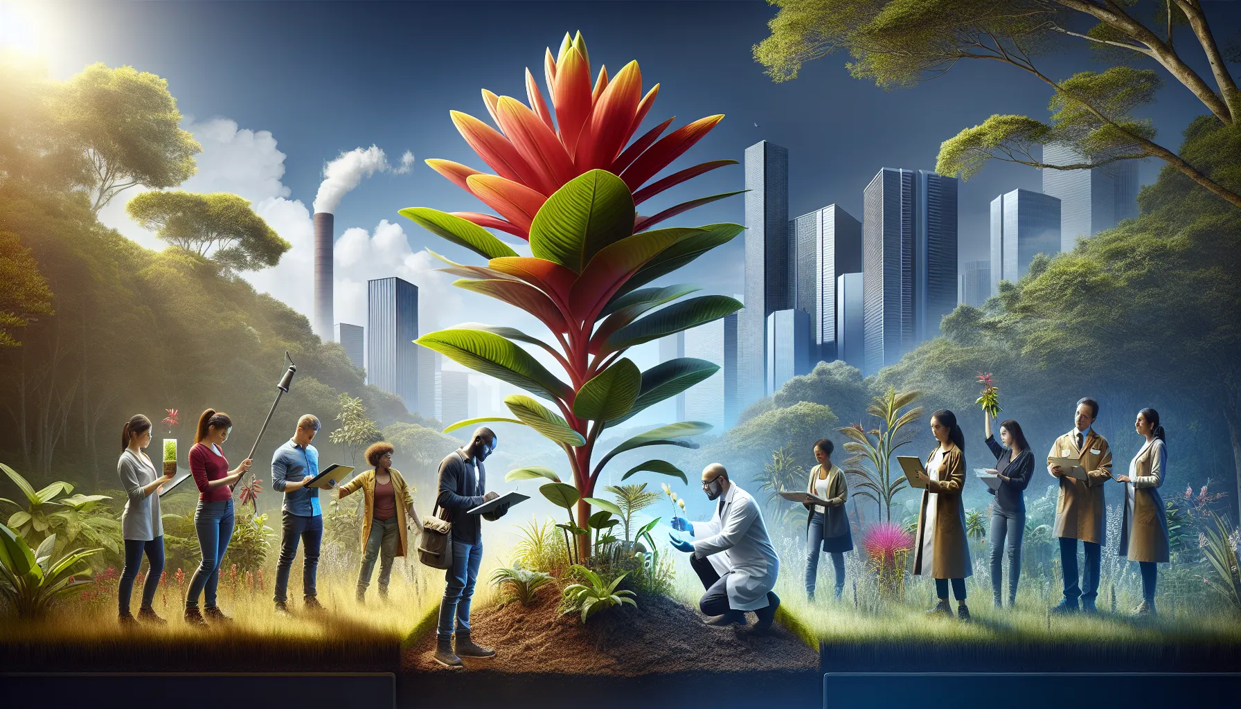 diverse group planting Redlaylla in a natural setting against urban backdrop.